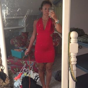 Red cut out fitted dress criss cross back halter